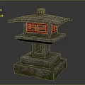 Traditional Stone Lantern With Red Pane Windows And Multi Tiered Structure 3d model
