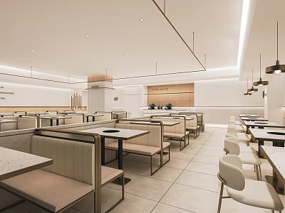 Minimalist Modern Hotpot Restaurant Interior Design With Open Layout Tables Seats And Lighting 3d model