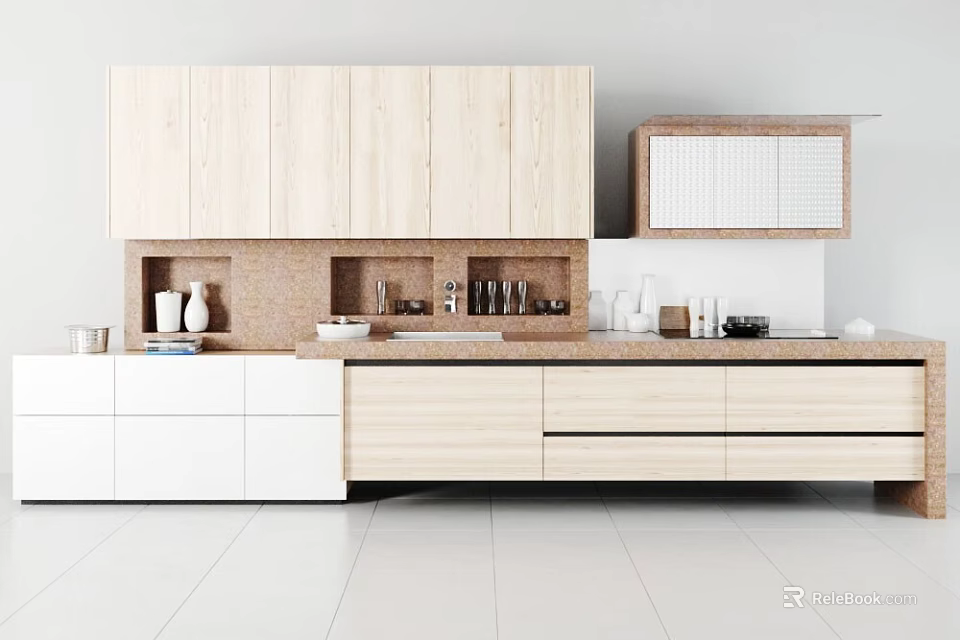 Minimalist Modern Kitchen Interior With Light Wood Cabinets And White Countertop Featuring Kitchenware 3d model 