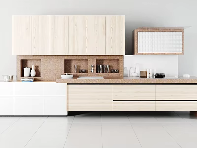 Minimalist Modern Kitchen Interior With Light Wood Cabinets And White Countertop Featuring Kitchenware 3d model