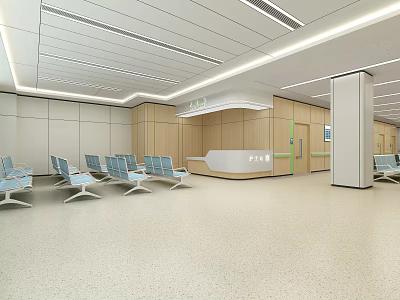 Modern Hospital Waiting Area Interior With Blue Chairs And Wooden Reception Desk 3d model