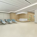 Modern Hospital Waiting Area Interior With Blue Chairs And Wooden Reception Desk