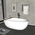 White Freestanding Bathtub Bathroom Interior With Window Blinds Wall Artwork Towel Rack Mat And Slippers