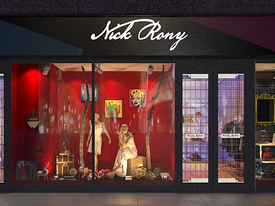 Nick Pony Storefront With Glass Window Red Background Mannequins And Decorations 3d model