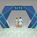 People Standing In Front Of Blue Geometric Event Gateway With Green SITE Lettering