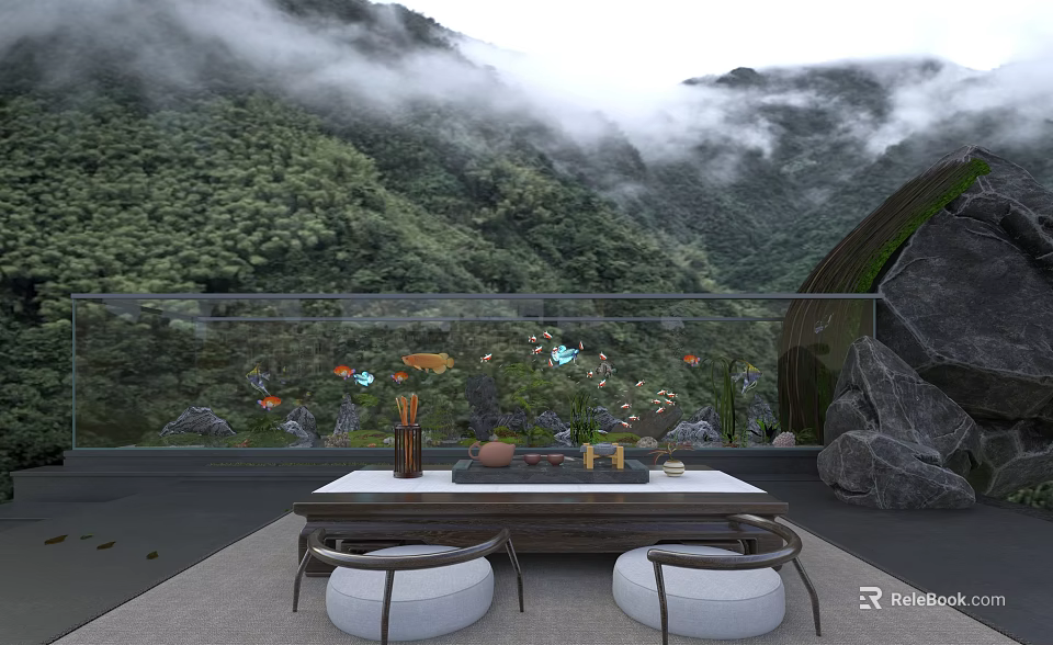 Outdoor Aquarium Setup With Colorful Fish Plants And Mountain Scenery 3d model 