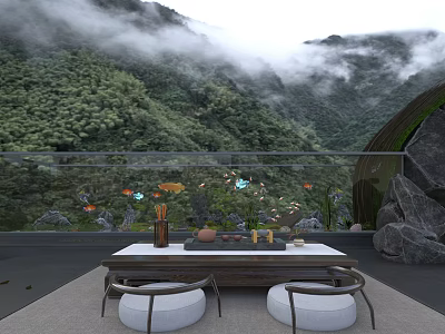 Outdoor Aquarium Setup With Colorful Fish Plants And Mountain Scenery 3d model