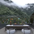 Outdoor Aquarium Setup With Colorful Fish Plants And Mountain Scenery
