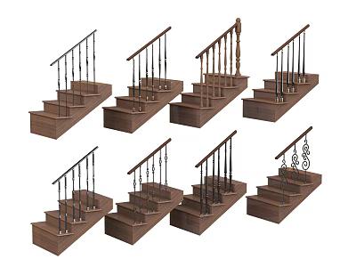 Wooden Stair Railings With Various Design Styles And Decorative Baluster Details 3d model