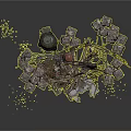 Demolished Construction Site Debris With Rusted Barrel Metal Fragments And Stone Blocks