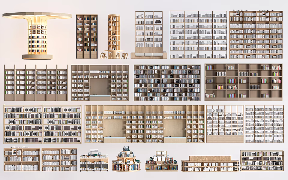 Various Bookcase Interior Designs With Open Shelves Multiple Layers And Wooden Frames 3d model