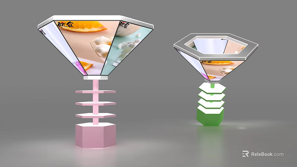 Diamond Shaped Multi Tiered Display Shelves Displaying Food Items On Pink And Green Bases 3d model 
