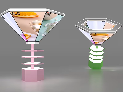 Diamond Shaped Multi Tiered Display Shelves Displaying Food Items On Pink And Green Bases 3d model