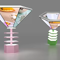 Diamond Shaped Multi Tiered Display Shelves Displaying Food Items On Pink And Green Bases