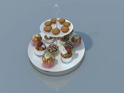 Two Tiered Dessert Stand with Cookies and Cupcakes on Gray Background with Reflection 3d model