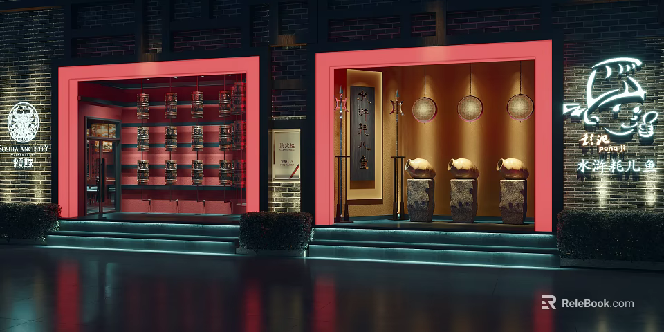 Traditional Chinese Style Mall Store Featuring Red Frames Lanterns and Display Cabinets 3d model 
