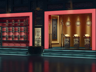 Traditional Chinese Style Mall Store Featuring Red Frames Lanterns and Display Cabinets 3d model