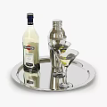 Martini Bianco Bottle Cocktail Shaker and Martini Glasses with Olives on Silver Tray Gray Background