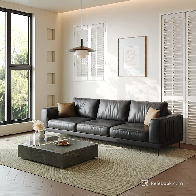 Modern Black Leather Sofa And Stone Coffee Table Set With Window Green View Wall Art 3d model