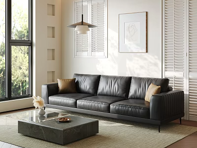 Modern Black Leather Sofa And Stone Coffee Table Set With Window Green View Wall Art 3d model