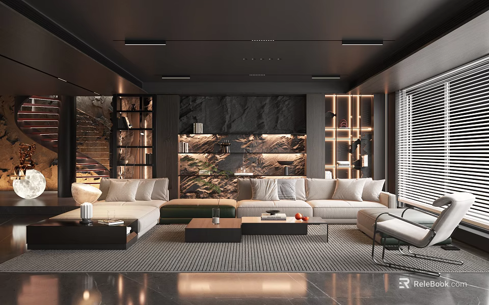 Modern Living Room Interior Design With Stone Accent Wall Beige Sofa Wooden Shelves And Floor To Ceiling Windows 3d model 