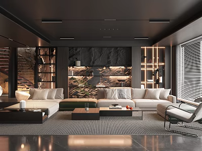 Modern Living Room Interior Design With Stone Accent Wall Beige Sofa Wooden Shelves And Floor To Ceiling Windows 3d model