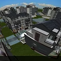 Modern Townhouse Exterior Design With White Walls Dark Roofs Glass Windows And Greenery