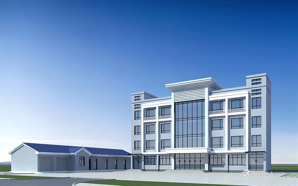 Modern Multi Story Office Building With Large Glass Windows And Adjacent Annex 3d model 