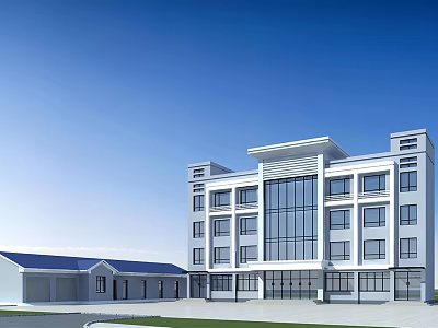 Modern Multi Story Office Building With Large Glass Windows And Adjacent Annex 3d model