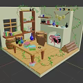 Cartoon Cozy Room Scene With Wooden Barrels Fireplace Green Vines And Bookshelves