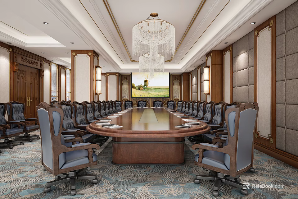 Elegant Conference Room Interior With Large Round Table Leather Chairs And Crystal Chandelier 3d model 
