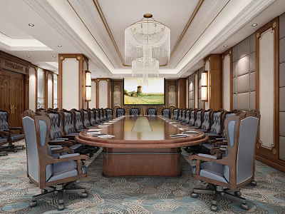 Elegant Conference Room Interior With Large Round Table Leather Chairs And Crystal Chandelier 3d model