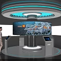 Man Interacting with Tech Display Station Large Screen Data Map Visualization and Illuminated Circular Design 3d model