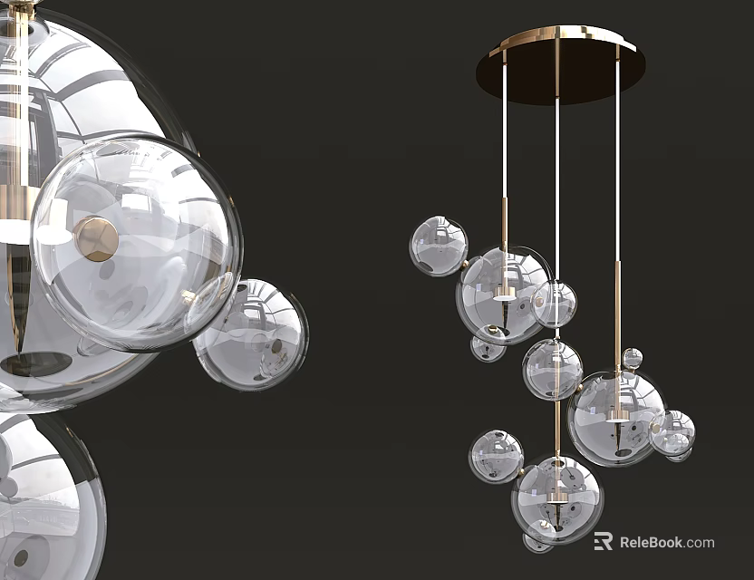 Contemporary Chandelier With Transparent Glass Balls And Gold Metal Hanging Design 3d model 