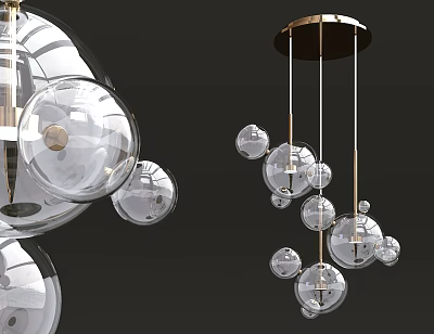Contemporary Chandelier With Transparent Glass Balls And Gold Metal Hanging Design 3d model