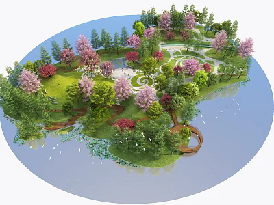 Park Landscape Featuring Pink Cherry Blossom Trees Green Lawns Circular Paths And Water 3d model