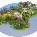 Park Landscape Featuring Pink Cherry Blossom Trees Green Lawns Circular Paths And Water