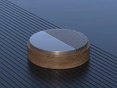 Circular Object With Wooden Base And Metallic Striped Top On Black Striped Background 3d model