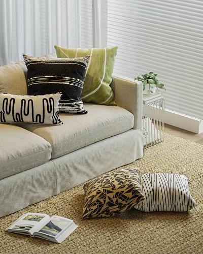 Decorative Pillows With Various Patterns On Light Gray Sofa And Living Room Floor 3d model
