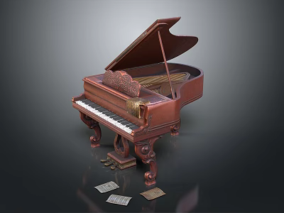 Classic Brown Wooden Piano With Ornate Carved Design Open Lid And Sheet Music 3d model