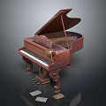 Classic Brown Wooden Piano With Ornate Carved Design Open Lid And Sheet Music