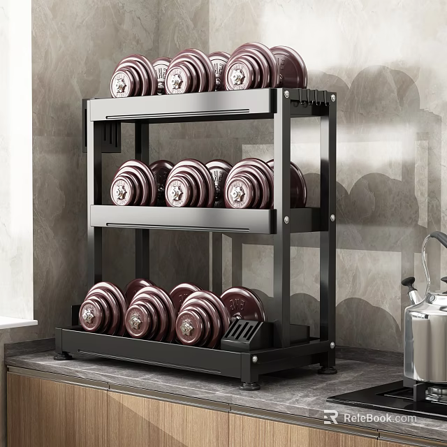 Three Tiered Black Metal Sports Equipment Storage Rack With Red Dumbbells 3d model 
