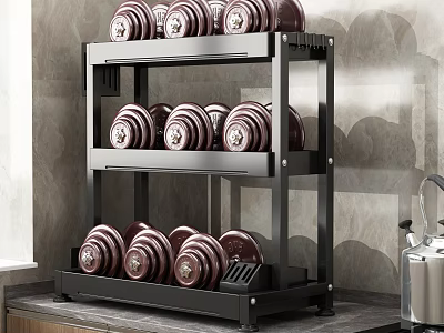 Three Tiered Black Metal Sports Equipment Storage Rack With Red Dumbbells 3d model