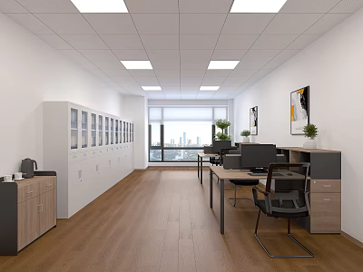 Modern Bright Office Interior With Desks Office Chairs Filing Cabinets And Potted Plants 3d model