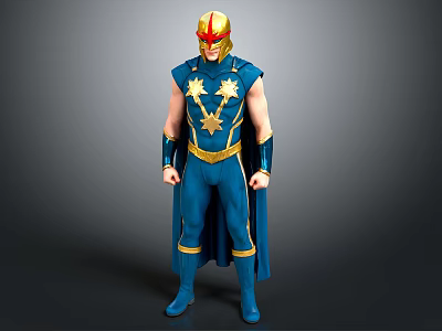 Man Wearing Blue Superhero Costume With Gold Helmet Star Emblem and Cloak 3d model