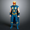 Man Wearing Blue Superhero Costume With Gold Helmet Star Emblem and Cloak