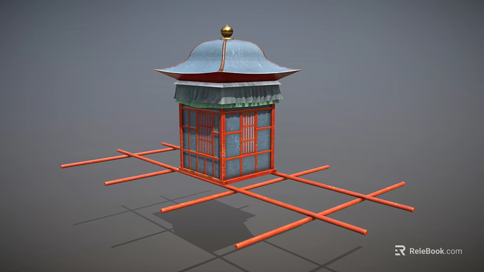 Playground Equipment With Blue Roof Golden Top Red Frame Windows And Support Structure 3d model 