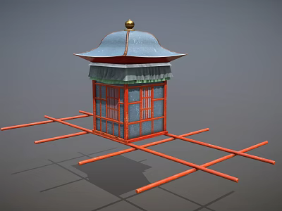 Playground Equipment With Blue Roof Golden Top Red Frame Windows And Support Structure 3d model