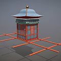 Playground Equipment With Blue Roof Golden Top Red Frame Windows And Support Structure