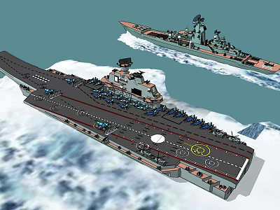 Aircraft Carrier And Warship Sailing Ocean With Icebergs Deck Aircraft And Equipment 3d model